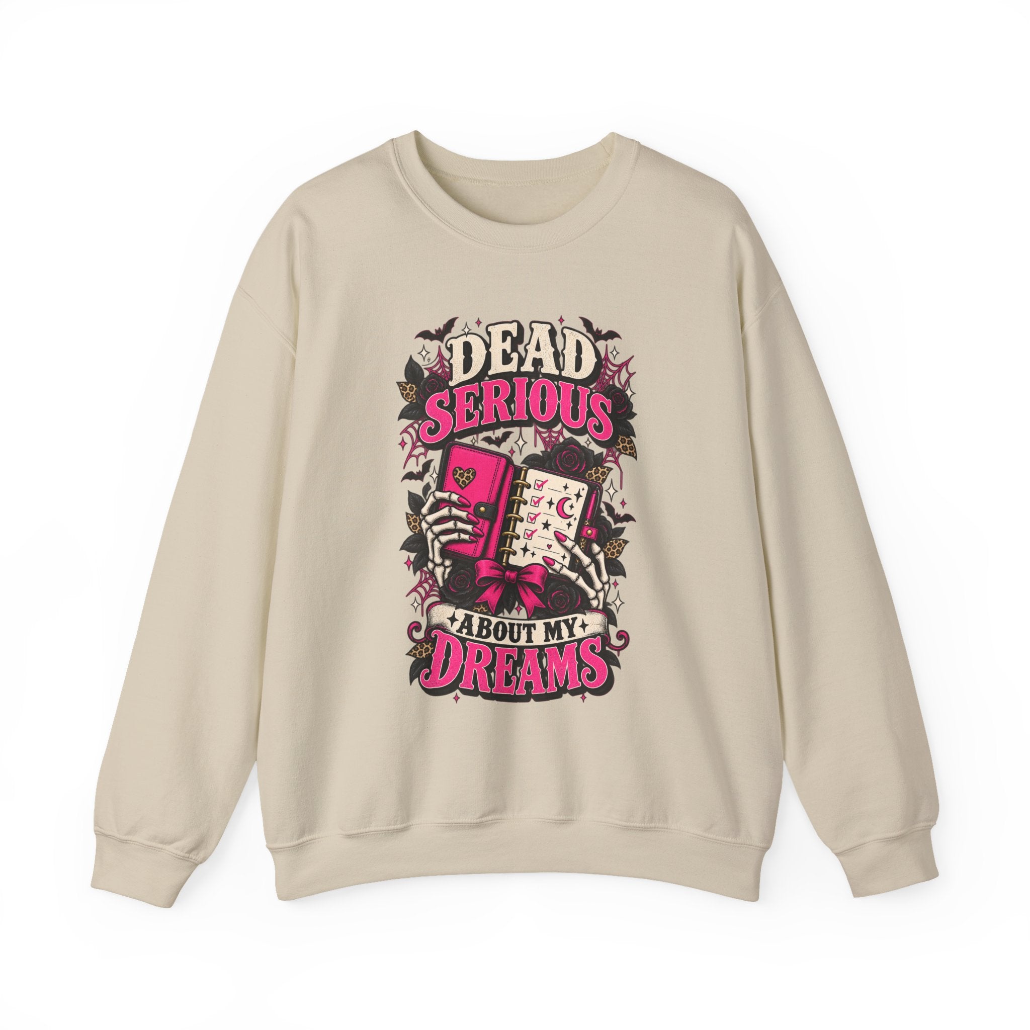 Crewneck Sweatshirt — "Dead Serious About My Dreams" Retro Skull Graphic