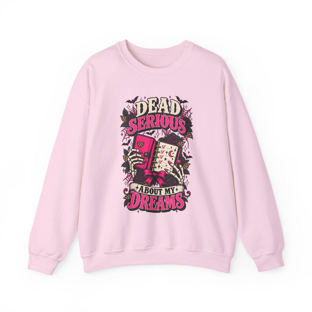 Crewneck Sweatshirt — "Dead Serious About My Dreams" Retro Skull Graphic